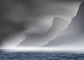 A wild landscape showing a Scandinavian fjord in the middle of a storm.