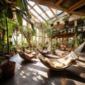 Ecolodge or eco-lodge house interior with green plants