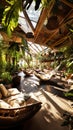 Ecolodge or eco-lodge house interior with green plants, adorned with hammocks and various greenery