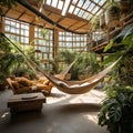 Ecolodge or eco-lodge house interior with green plants, adorned with hammocks and various greenery, creating a serene