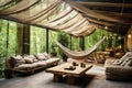 Ecolodge or eco-lodge house interior with green plants, adorned with hammocks and various greenery, creating a serene