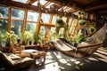 Ecolodge or eco-lodge house interior with green plants, adorned with hammocks and various greenery, creating a serene