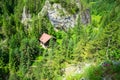 Ecolog mountain hut as seen from high above on the `Astragalus` via ferrata route, a popular sport attraction in Bicaz Gorge Royalty Free Stock Photo