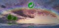 Ecologic background with recycle symbol, Planet earth and rainbow in sea reflection