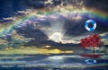 Ecologic background with recycle symbol, Planet earth and rainbow in sea reflection