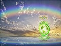 Ecologic background with recycle symbol, Planet earth and rainbow in sea reflection