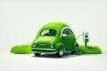 Ecologic little car covered with green grass texture charging on a modern electric plug Royalty Free Stock Photo