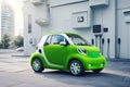 Ecologic car covered with green grass texture charging on a modern electric plug Royalty Free Stock Photo