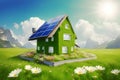 Ecologic house concept with garden flowers and solar panels on the roof Royalty Free Stock Photo