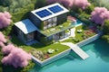 Ecologic house concept with garden flowers and solar panels on the roof. Rooftop with solar cells, green grass front Royalty Free Stock Photo