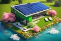 Ecologic house concept with garden flowers and solar panels on the roof. Rooftop with solar cells, green grass front Royalty Free Stock Photo