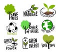 Ecologic labels. Eco safe emblems, green logo lettering. Sticker or ecological sign concept.