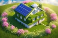 Ecologic modern house concept with garden flowers and solar panels on the roof. Rooftop with solar cells, green grass front Royalty Free Stock Photo