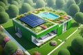 Ecologic modern house concept with garden flowers and solar panels on the roof. Rooftop with solar cells, green grass front Royalty Free Stock Photo