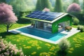 Ecologic modern house concept with garden flowers and solar panels on the roof. Rooftop with solar cells, green grass front Royalty Free Stock Photo