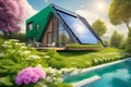 Ecologic modern house concept with garden flowers and solar panels on the roof. Rooftop with solar cells, green grass front Royalty Free Stock Photo