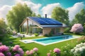 Ecologic modern house concept with garden flowers and solar panels on the roof. Rooftop with solar cells, green grass front Royalty Free Stock Photo
