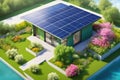 Ecologic modern house concept with garden flowers and solar panels on the roof. Rooftop with solar cells, green grass front Royalty Free Stock Photo