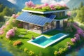 Ecologic modern house concept with garden flowers and solar panels on the roof. Rooftop with solar cells, green grass front Royalty Free Stock Photo