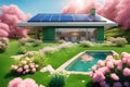 Ecologic modern house concept with garden flowers and solar panels on the roof. Rooftop with solar cells, green grass front Royalty Free Stock Photo