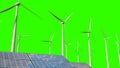 ecologic solar farm and wind turbine generators on green screen, isolated, not real design - industrial 3D rendering