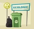 Ecologic and trash. Cartoon vector illustration. Cleaning company