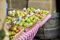 Ecological apples in a traditional market of in San Sebastian.