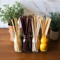 Ecological bamboo cocktail tubes for lemonades and drinks. Concept: Safe eco-friendly tableware without harm to the planet