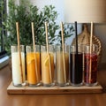 Ecological bamboo cocktail tubes for lemonades and drinks. Concept: Safe eco-friendly tableware without harm to the planet