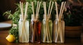 Ecological bamboo cocktail tubes for lemonades and drinks. Concept: Safe eco-friendly tableware without harm to the planet