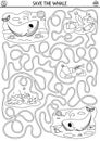 Ecological black and white maze for children with endangered animal concept. Save the whale game. Earth day preschool activity.