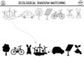 Ecological black and white shadow matching activity with alternative energy sources and transport. Earth day puzzle. Find correct