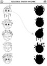 Ecological black and white shadow matching activity with cute planets. Earth day puzzle. Find correct silhouette printable