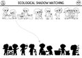 Ecological black and white shadow matching activity with kids caring of environment. Earth day puzzle. Find correct silhouette