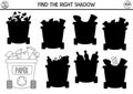 Ecological black and white shadow matching activity with waste sorting concept. Earth day puzzle. Find correct silhouette