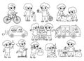 Ecological black and white vector set with children. Cute line eco friendly kids collection. Boys and girls saving water, energy,