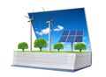 Ecological book with solar panel and wind turbines isolated on white background. Royalty Free Stock Photo