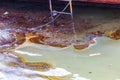 Ecological catastrophy. Close-up. Spill of oil products into the sea.