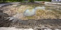 Ecological catastrophy. Drying lake in city park. Dry swamp lake disappears, idea and concept of environmental conservation,