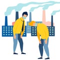 Ecological catastrophy. People are choking on the smoke of the plant. In minimalist style Cartoon flat Vector