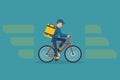 Ecological city bicycle delivering service illustration with modern cyclist carrying package. Food delivery boy.