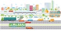 Ecological city with electric vehicles and passenger train, illustration
