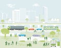 Ecological City landscape with road traffic and pedestrians, illustration