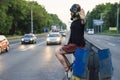 Ecological concept of air contamination. Woman in gas mask Royalty Free Stock Photo