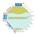 Ecological concept of energy production by green source in circle. Renewable and sustainable energy sources like hydropower, solar