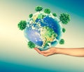Ecological concept of the environment with the cultivation of trees on the ground in the hands. Planet Earth. Physical Royalty Free Stock Photo