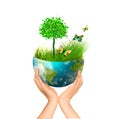 Ecological concept of the environment with the cultivation of trees on the ground in the hands. Planet Earth. Physical