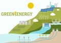 Ecological concept of green energy consumption by source. Renewable and sustainable energy sources like hydropower, solar, wind, Royalty Free Stock Photo