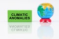 On a reflective surface is a globe and a green sign with the inscription - Climatic anomalies