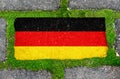 On the sidewalk in green moss,paving slabs with the image of the flag of Germany. Royalty Free Stock Photo